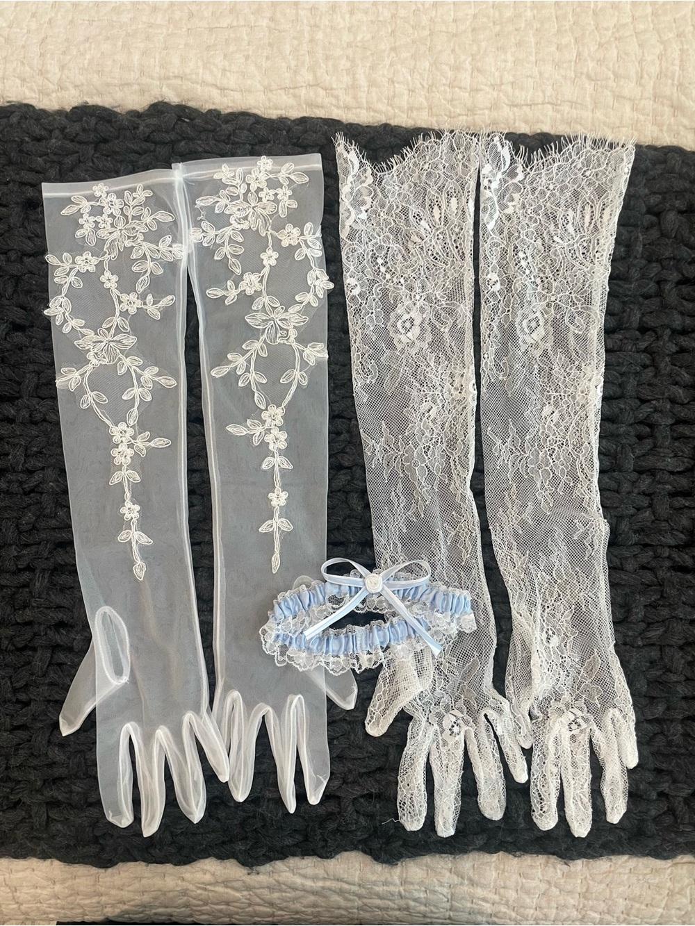 White Lace and Embroidered Sheer Bridal Gloves with Blue Garter BUNDLE
